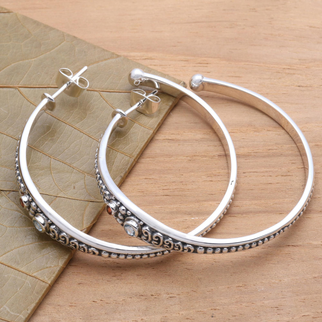 Blue Topaz and Garnet Sterling Silver Half Hoop Earrings - Majestic Air