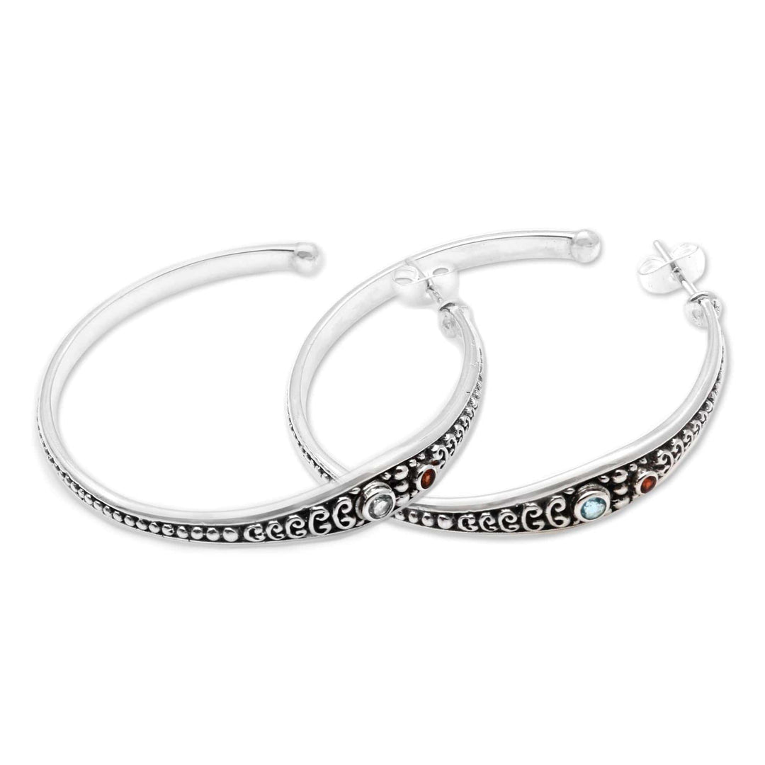 Blue Topaz and Garnet Sterling Silver Half Hoop Earrings - Majestic Air