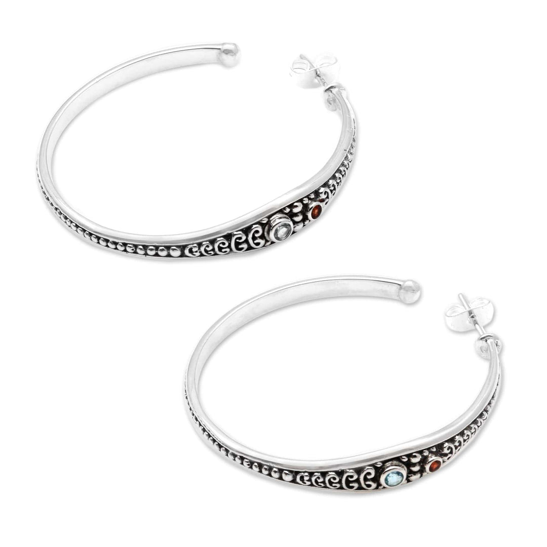 Blue Topaz and Garnet Sterling Silver Half Hoop Earrings - Majestic Air