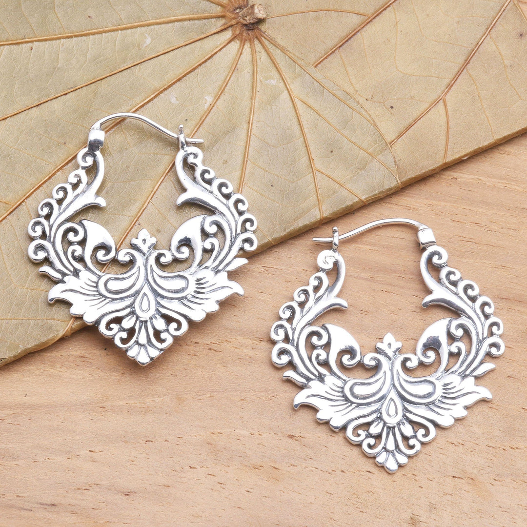 Ornate Balinese Sterling Silver Hoop Earrings - Floral Flame