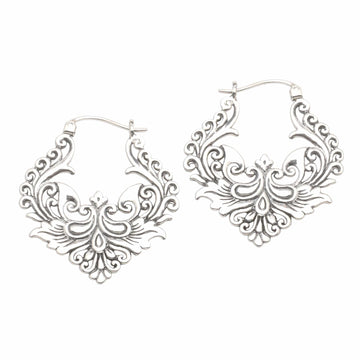 Ornate Balinese Sterling Silver Hoop Earrings - Floral Flame