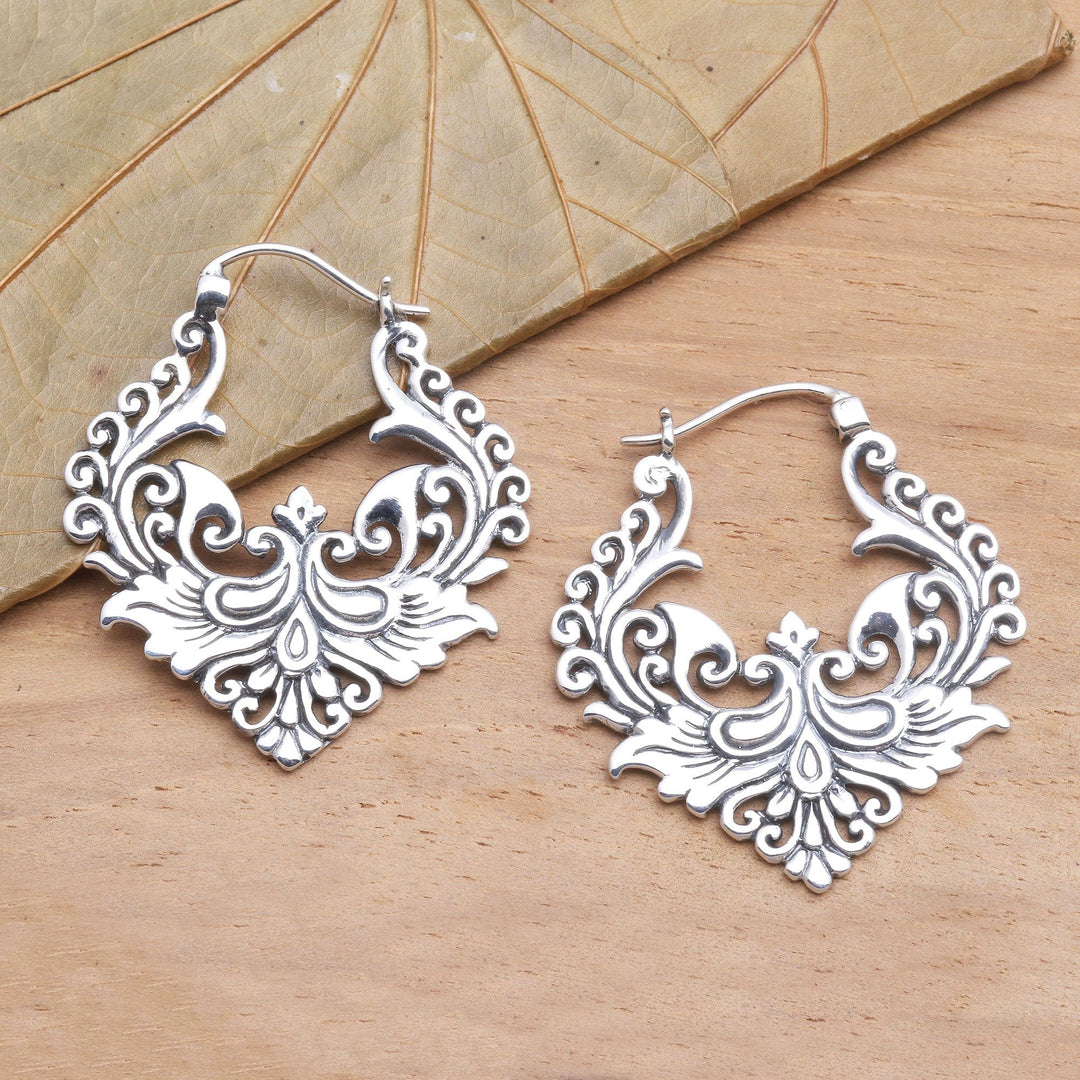 Ornate Balinese Sterling Silver Hoop Earrings - Floral Flame