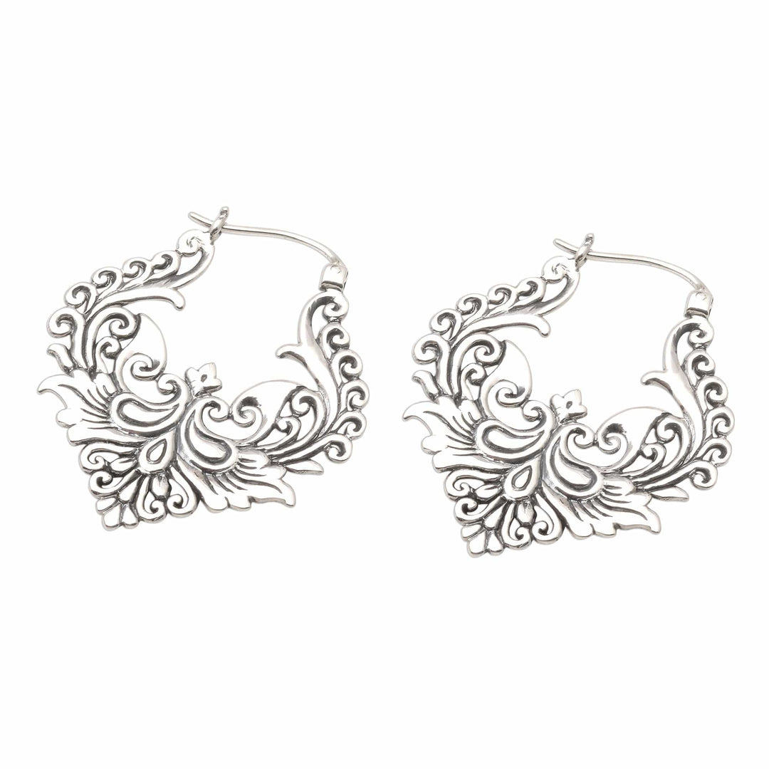 Ornate Balinese Sterling Silver Hoop Earrings - Floral Flame