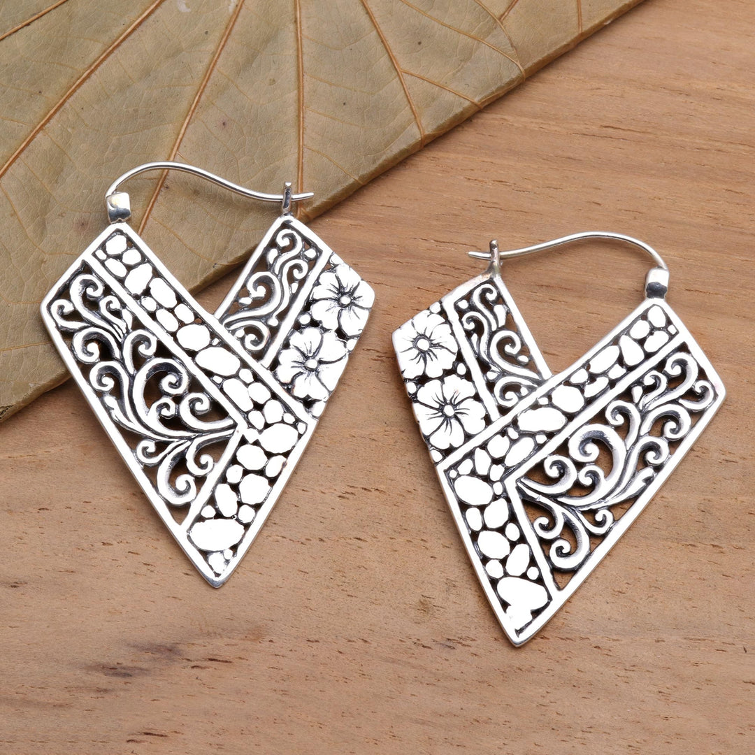 Hibiscus and Pebbles Handcrafted Silver Hoops from Bali - Hibiscus Path