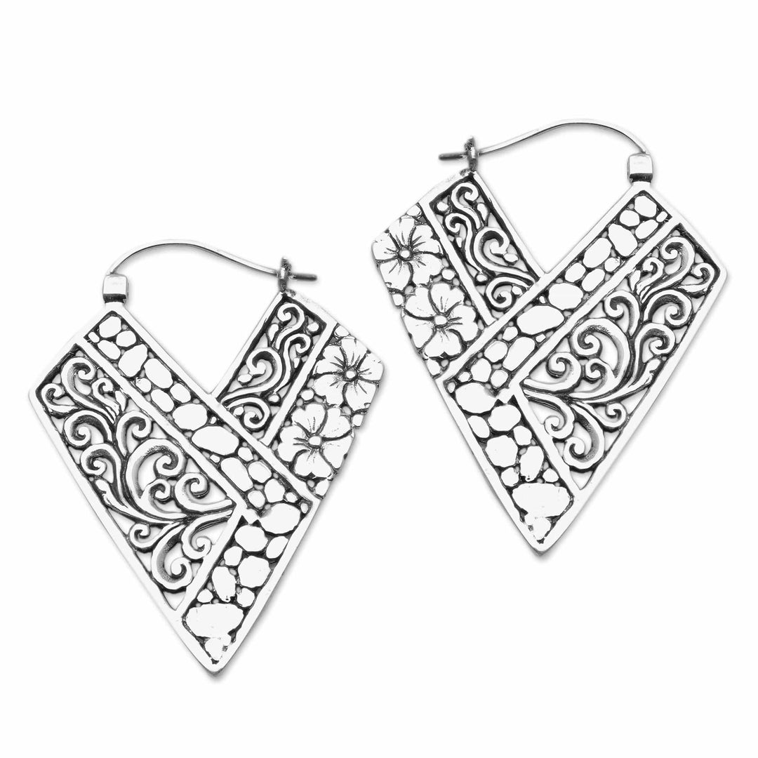 Hibiscus and Pebbles Handcrafted Silver Hoops from Bali - Hibiscus Path