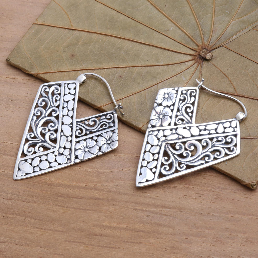 Hibiscus and Pebbles Handcrafted Silver Hoops from Bali - Hibiscus Path