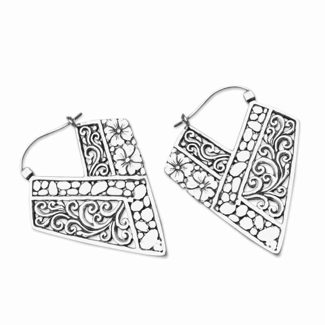 Hibiscus and Pebbles Handcrafted Silver Hoops from Bali - Hibiscus Path