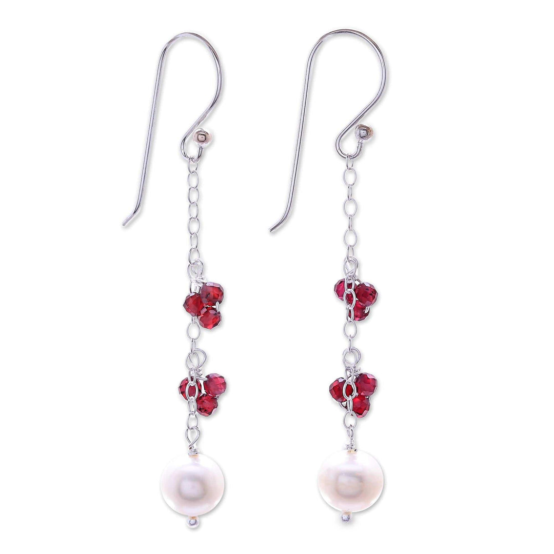 Long Sterling Silver Garnet and Pearl Earrings - Sweet Essence