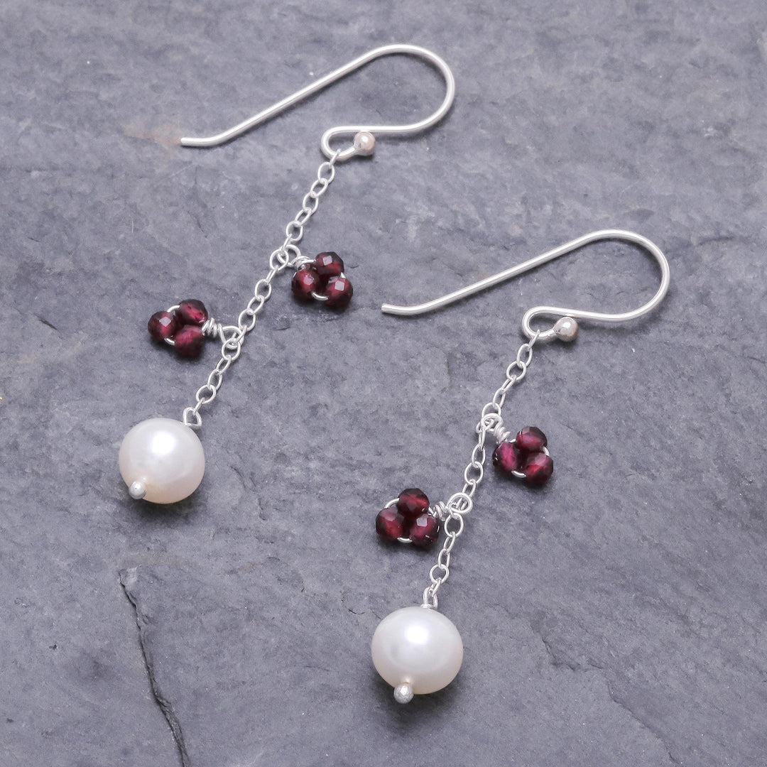 Long Sterling Silver Garnet and Pearl Earrings - Sweet Essence