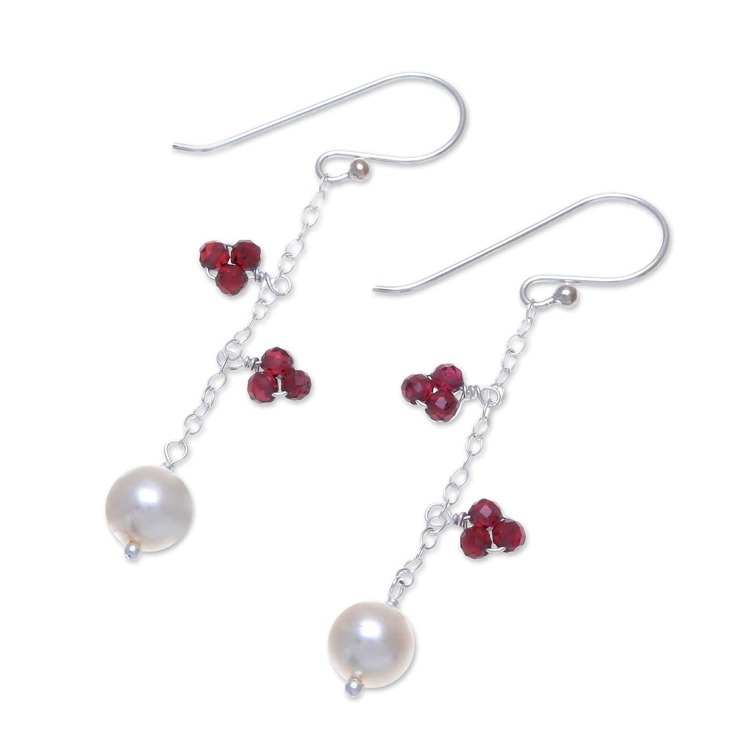Long Sterling Silver Garnet and Pearl Earrings - Sweet Essence