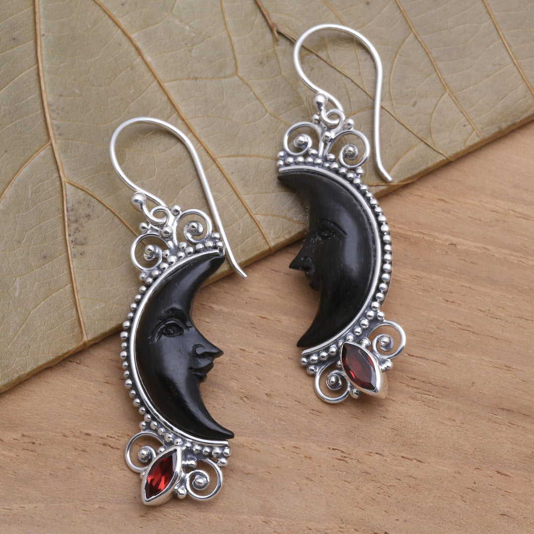Silver and Garnet Moon Earrings with Water Buffalo Horn - Dark Crescent Moon