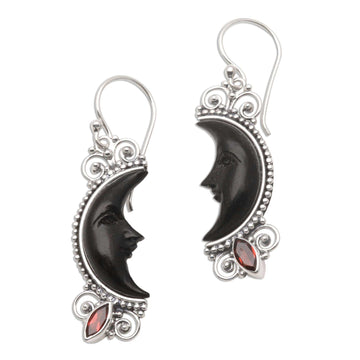 Silver and Garnet Moon Earrings with Water Buffalo Horn - Dark Crescent Moon