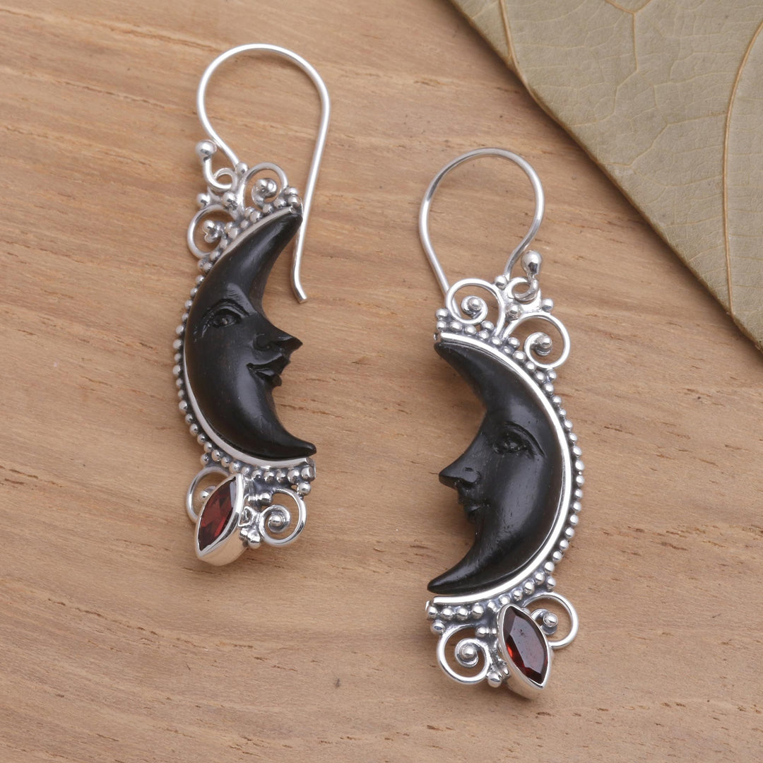 Silver and Garnet Moon Earrings with Water Buffalo Horn - Dark Crescent Moon