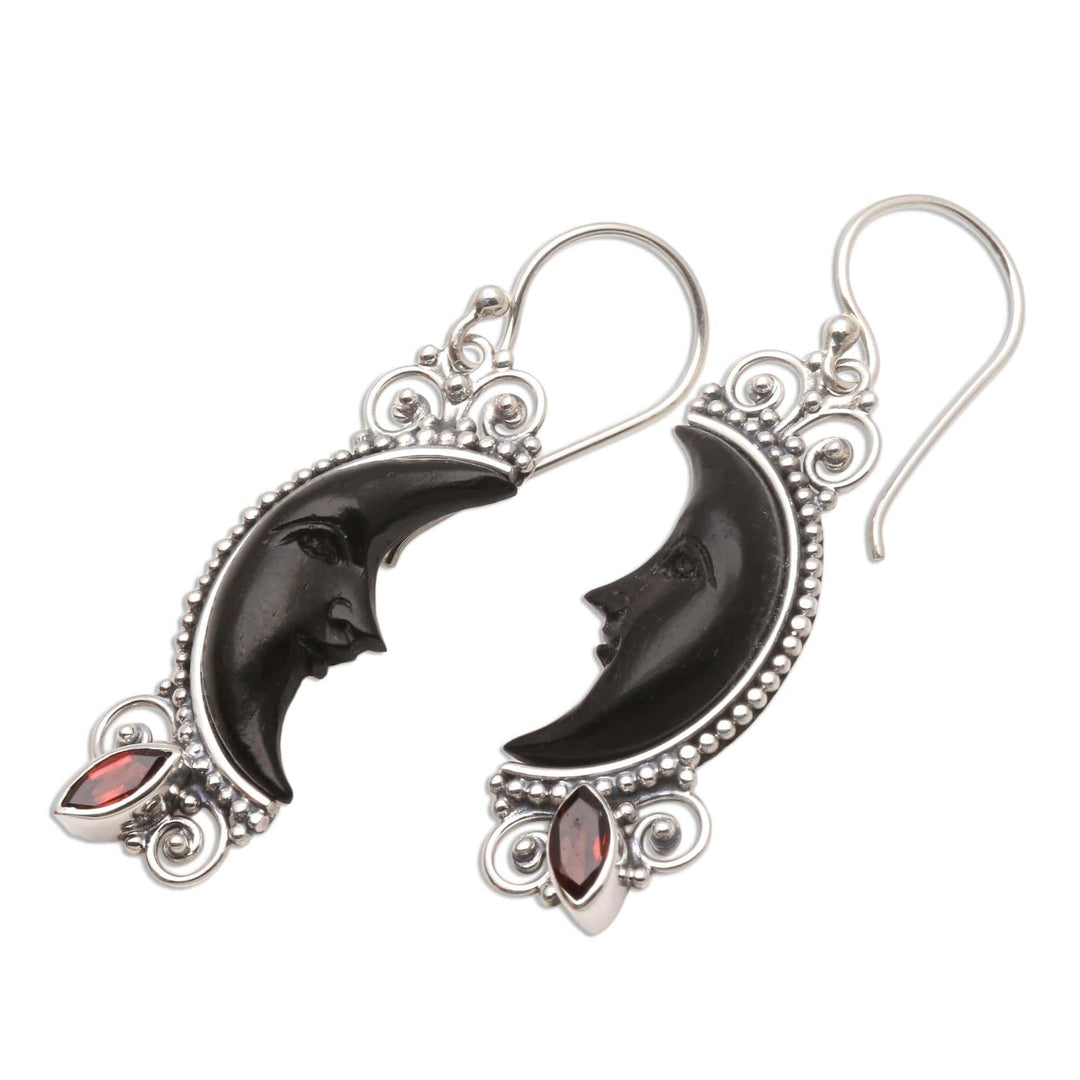 Silver and Garnet Moon Earrings with Water Buffalo Horn - Dark Crescent Moon