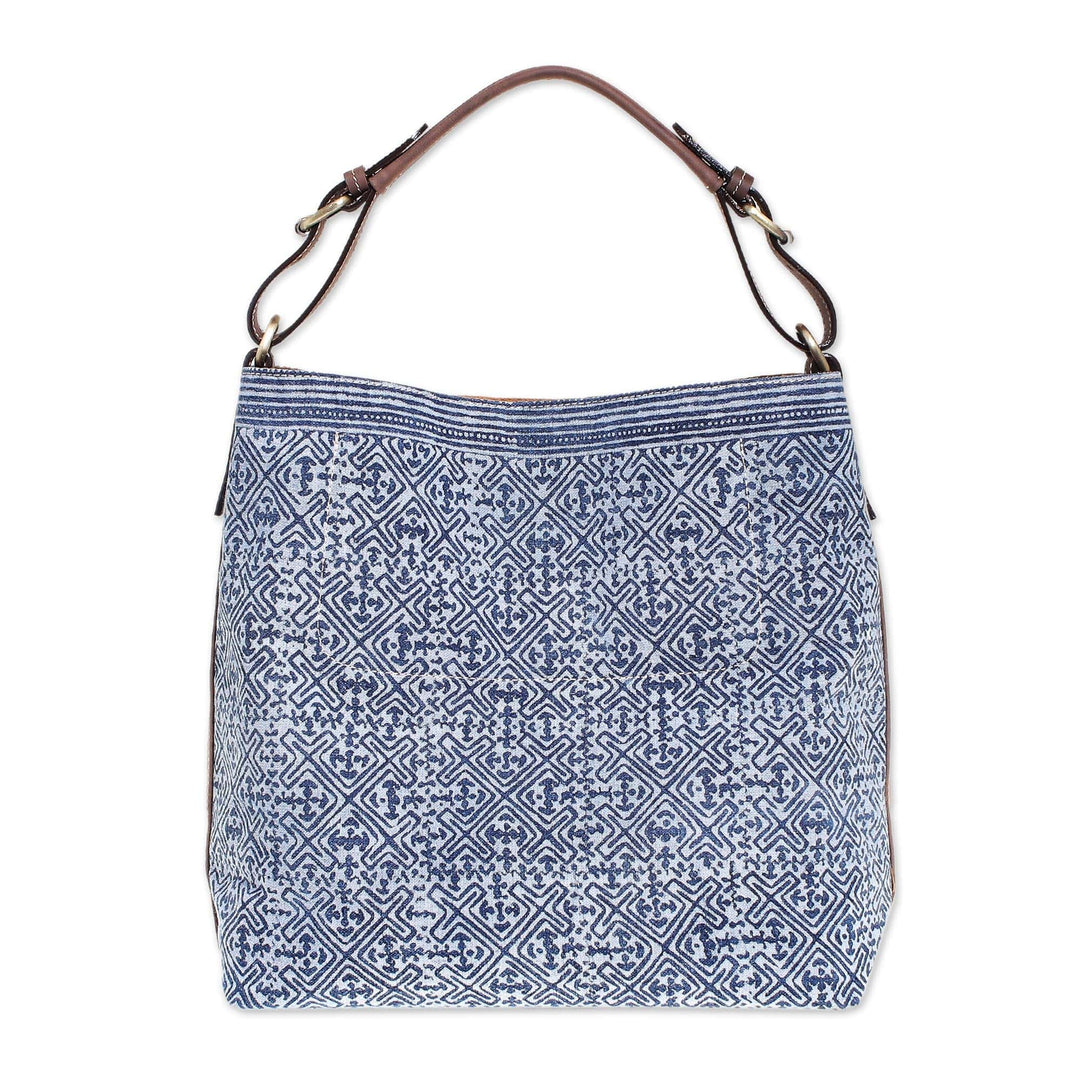 Batik Printed Cotton Shoulder Bag with Leather Trim - Hmong Maze