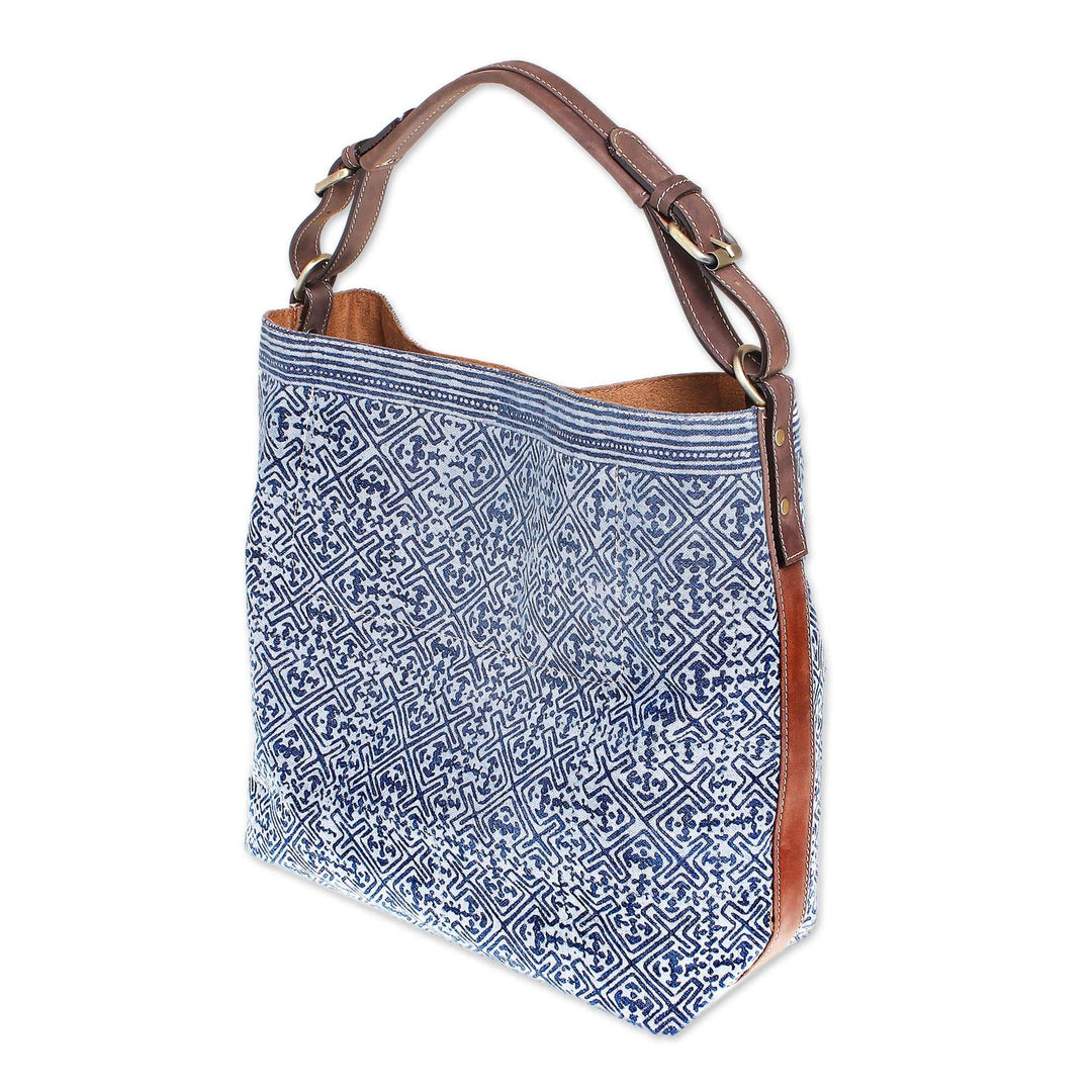 Batik Printed Cotton Shoulder Bag with Leather Trim - Hmong Maze
