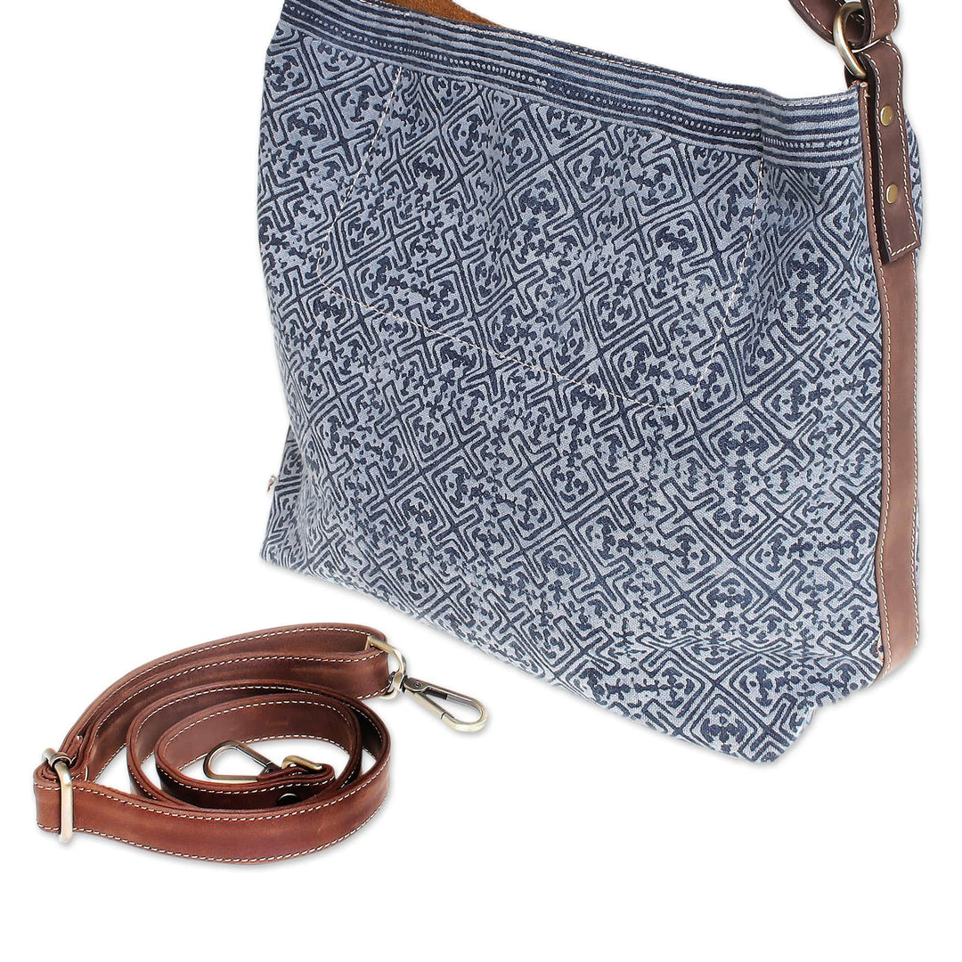 Batik Printed Cotton Shoulder Bag with Leather Trim - Hmong Maze