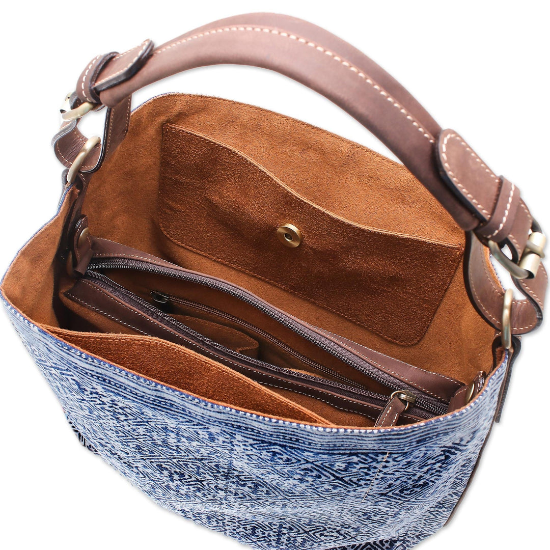 Batik Printed Cotton Shoulder Bag with Leather Trim - Hmong Maze