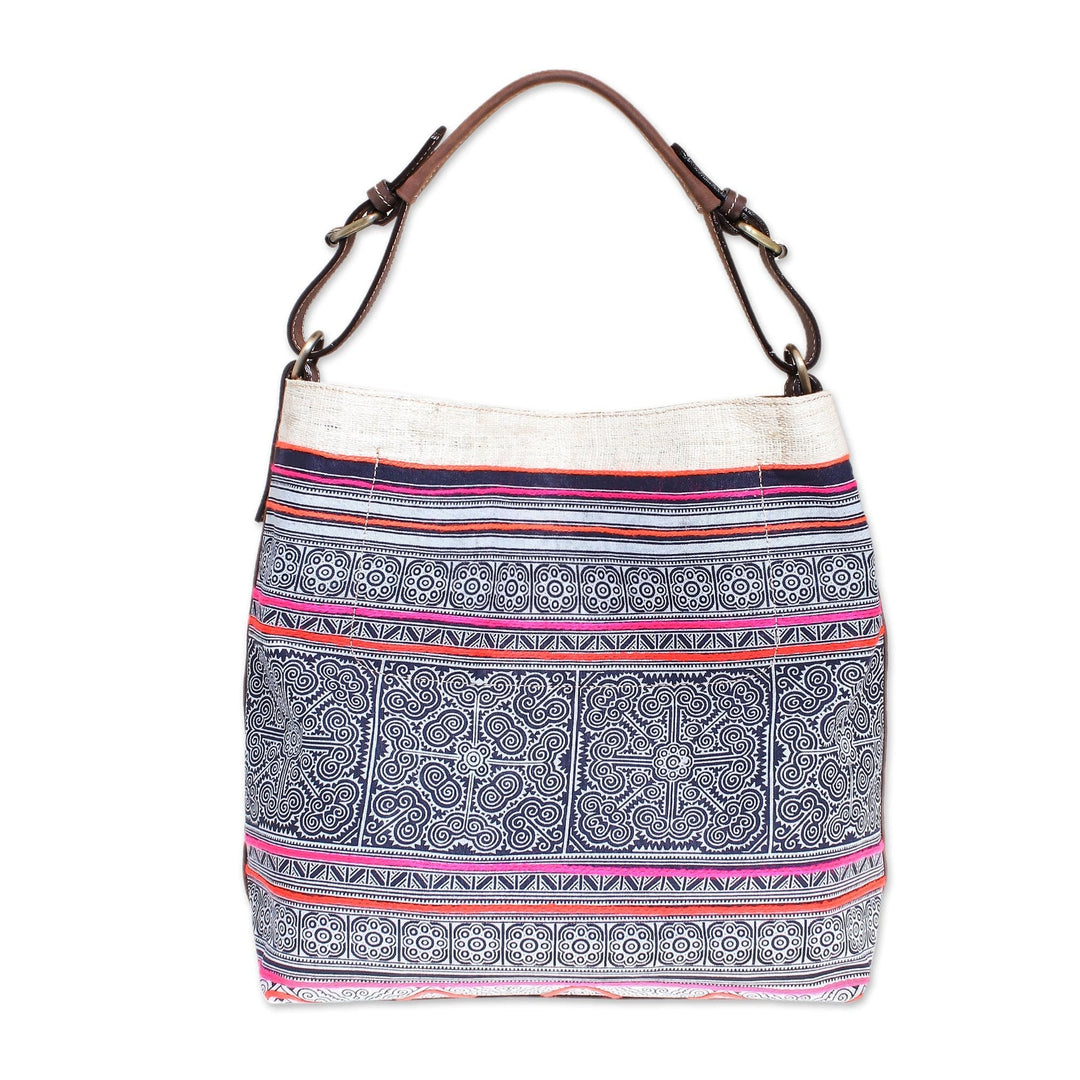 Leather-Accented Batik Cotton Shoulder Bag - Hmong Labyrinth
