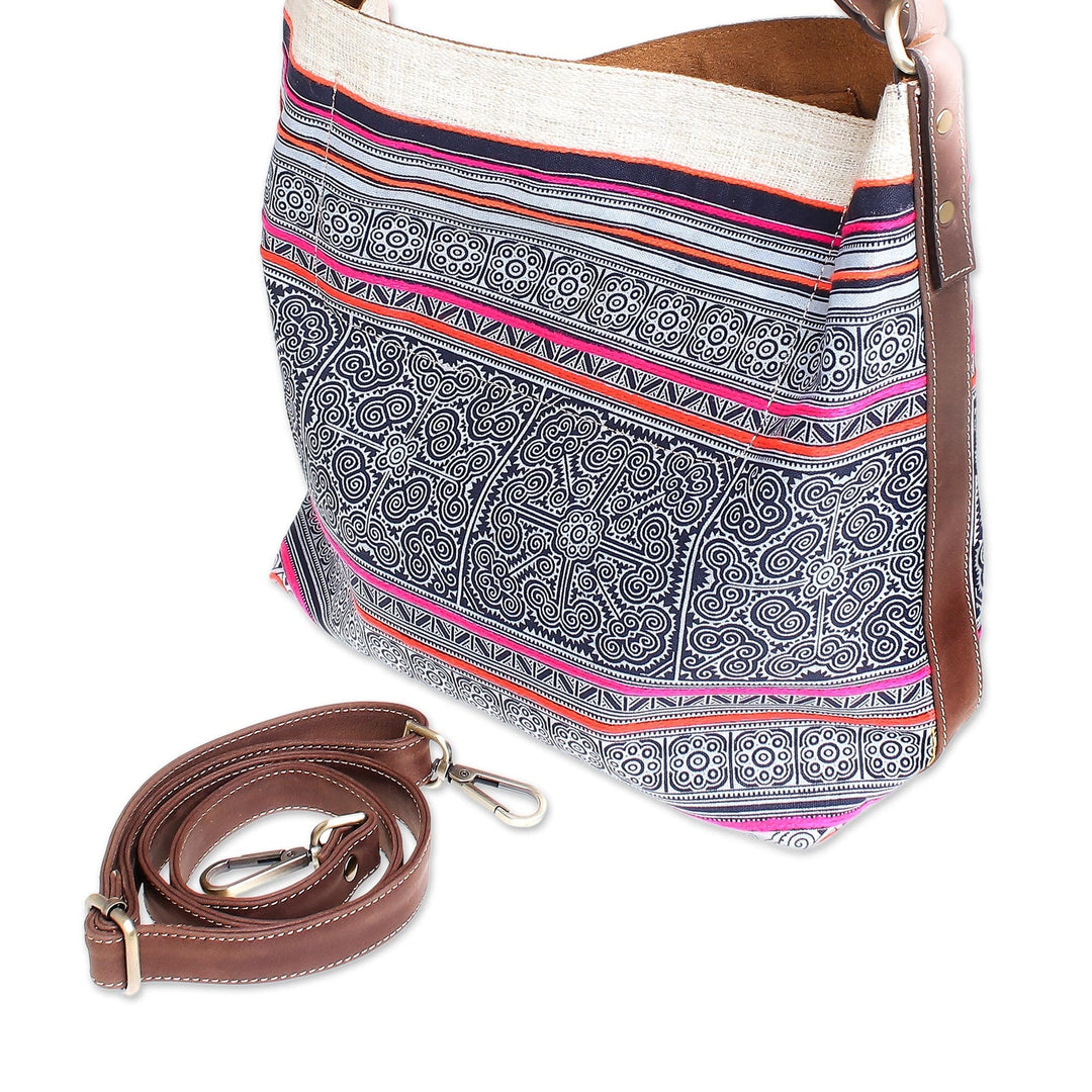 Leather-Accented Batik Cotton Shoulder Bag - Hmong Labyrinth