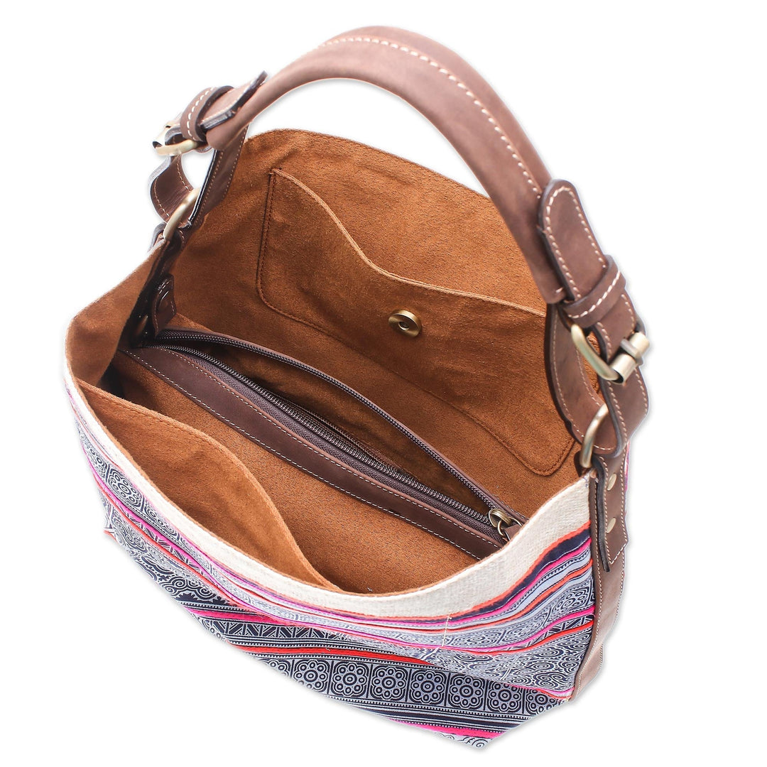Leather-Accented Batik Cotton Shoulder Bag - Hmong Labyrinth