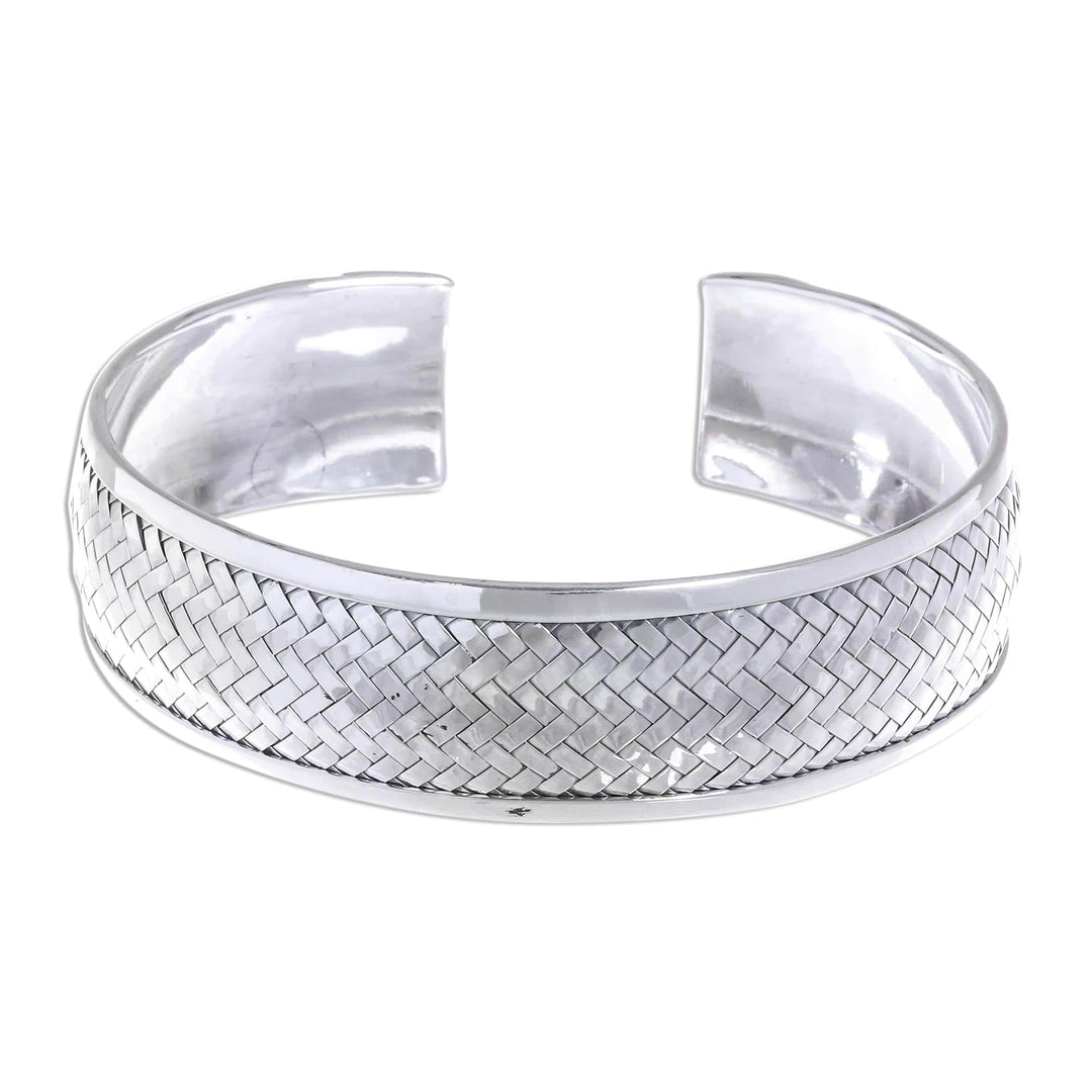 Sterling Silver Cuff Bracelet with Woven Motif - Weaving Tales