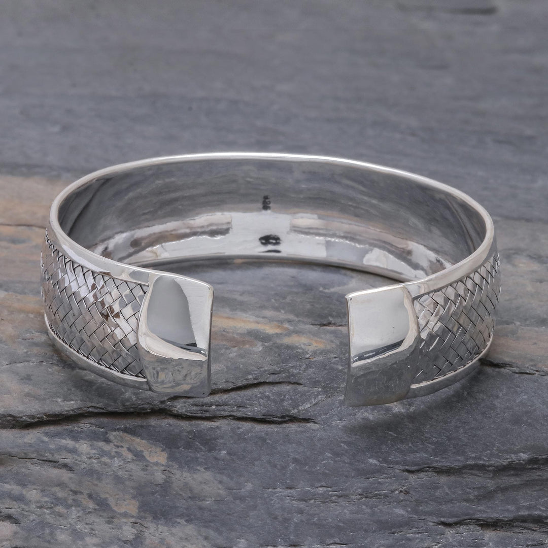 Sterling Silver Cuff Bracelet with Woven Motif - Weaving Tales