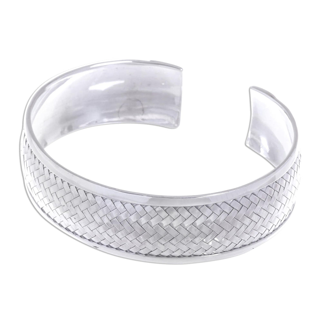 Sterling Silver Cuff Bracelet with Woven Motif - Weaving Tales