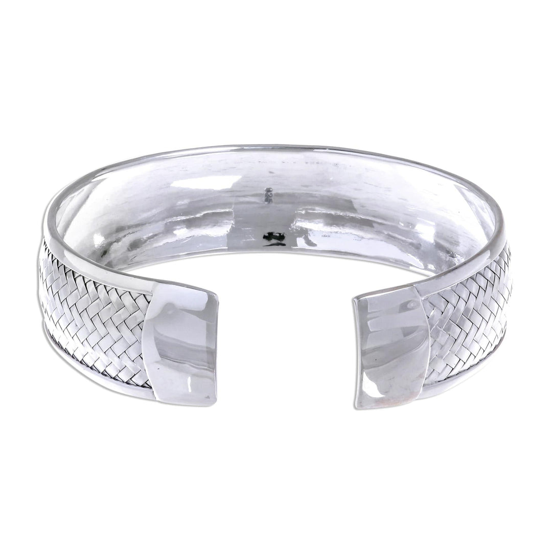 Sterling Silver Cuff Bracelet with Woven Motif - Weaving Tales