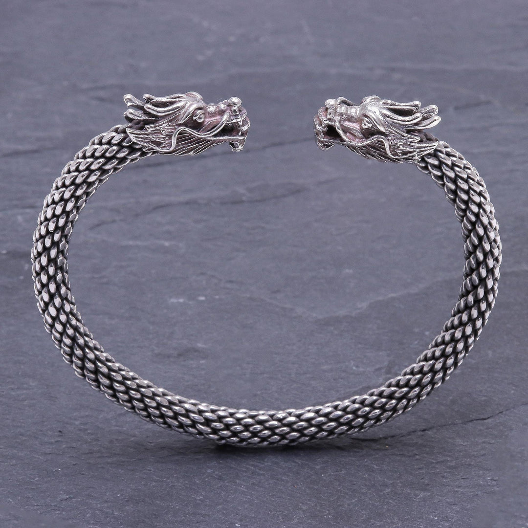 Dragon Themed Unisex Sterling Silver Cuff Bracelet - Double Dragons