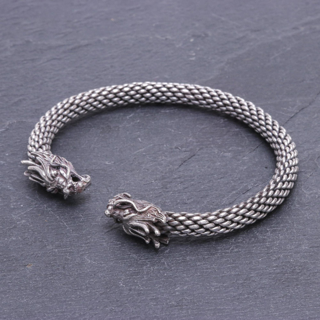 Dragon Themed Unisex Sterling Silver Cuff Bracelet - Double Dragons