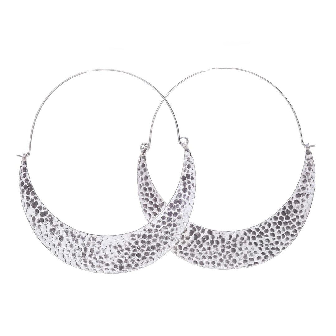 Hammered Sterling Silver Hoop Earrings - Crescent Swing