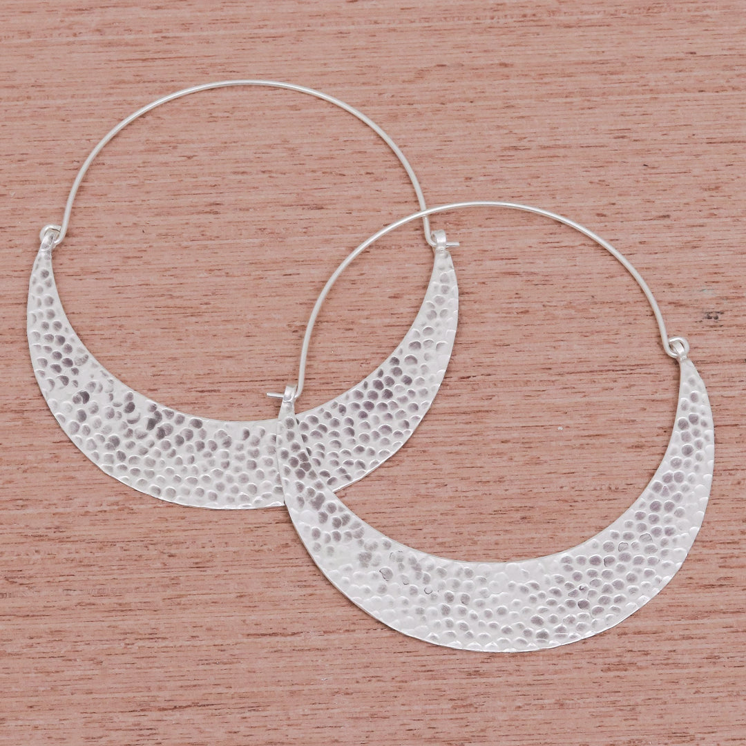 Hammered Sterling Silver Hoop Earrings - Crescent Swing