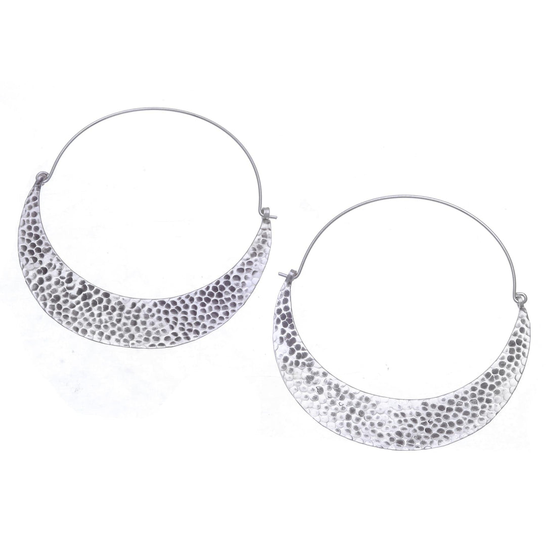 Hammered Sterling Silver Hoop Earrings - Crescent Swing