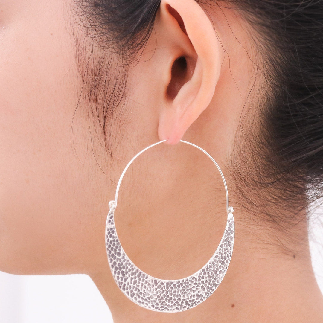 Hammered Sterling Silver Hoop Earrings - Crescent Swing