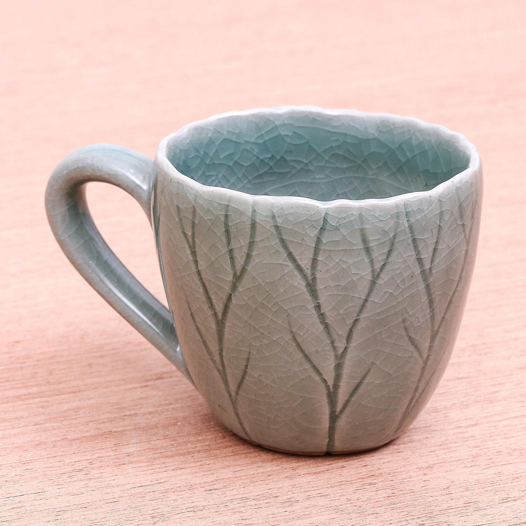 Handmade Celadon Ceramic Mug from Thailand - Lotus Garden
