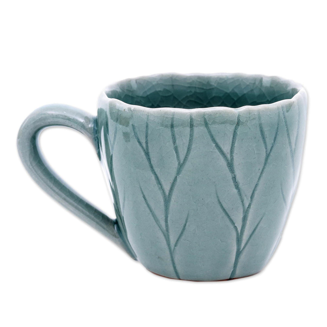 Handmade Celadon Ceramic Mug from Thailand - Lotus Garden