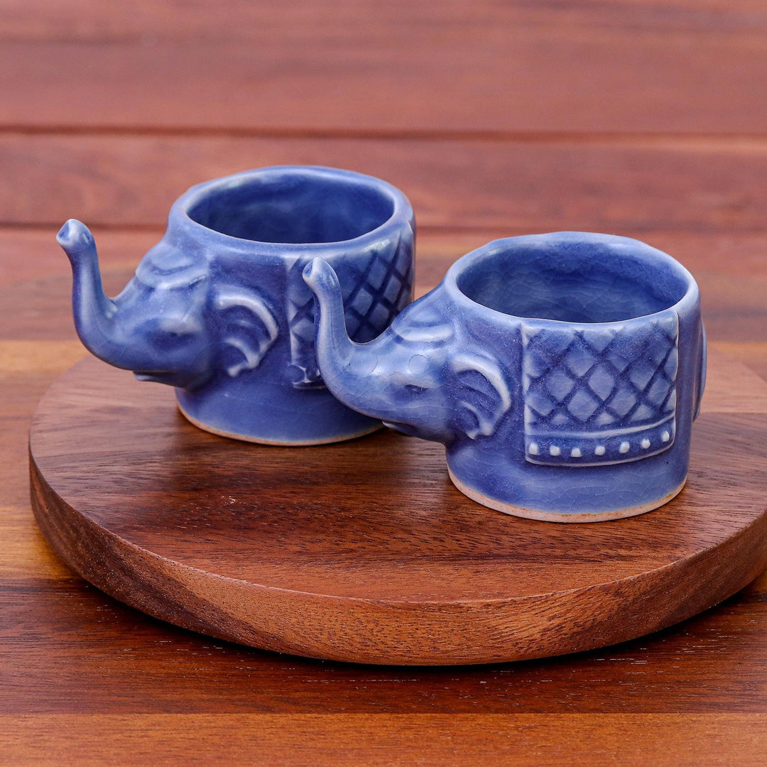 Small Elephant Shaped Blue Celadon Teacups (Pair) - Elephant Essence in Blue