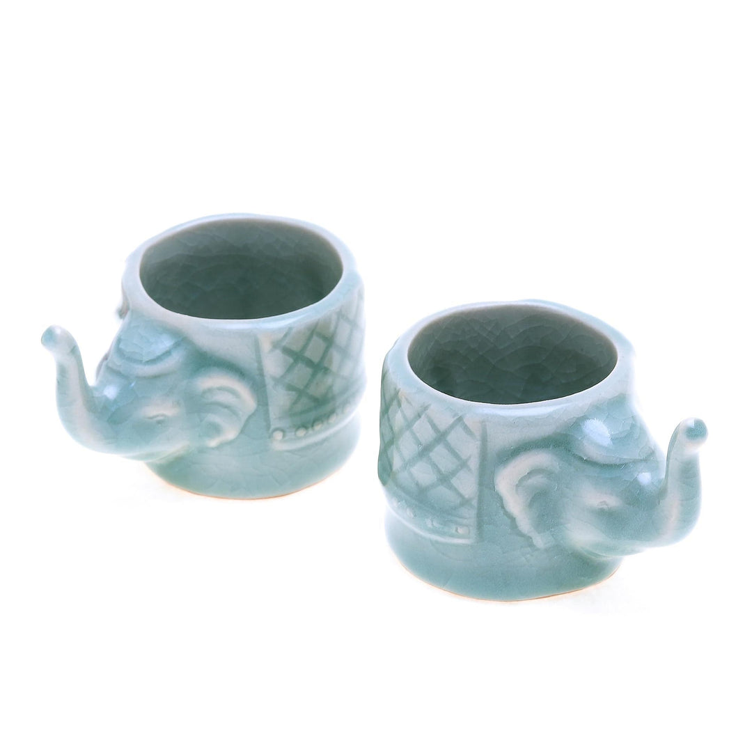 Aqua Celadon Ceramic Elephant Themed Teacups (Pair) - Elephant Essence in Aqua