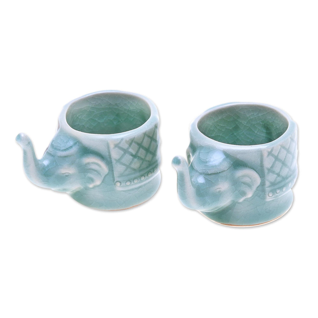 Aqua Celadon Ceramic Elephant Themed Teacups (Pair) - Elephant Essence in Aqua