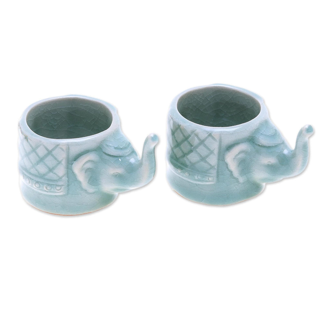 Aqua Celadon Ceramic Elephant Themed Teacups (Pair) - Elephant Essence in Aqua