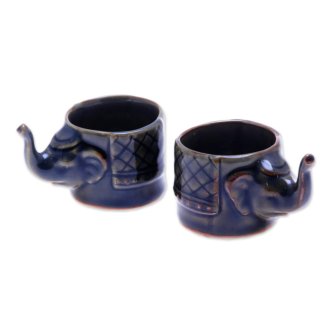 Handmade Brown Celadon Ceramic Elephant Teacups (Pair) - Elephant Essence in Brown