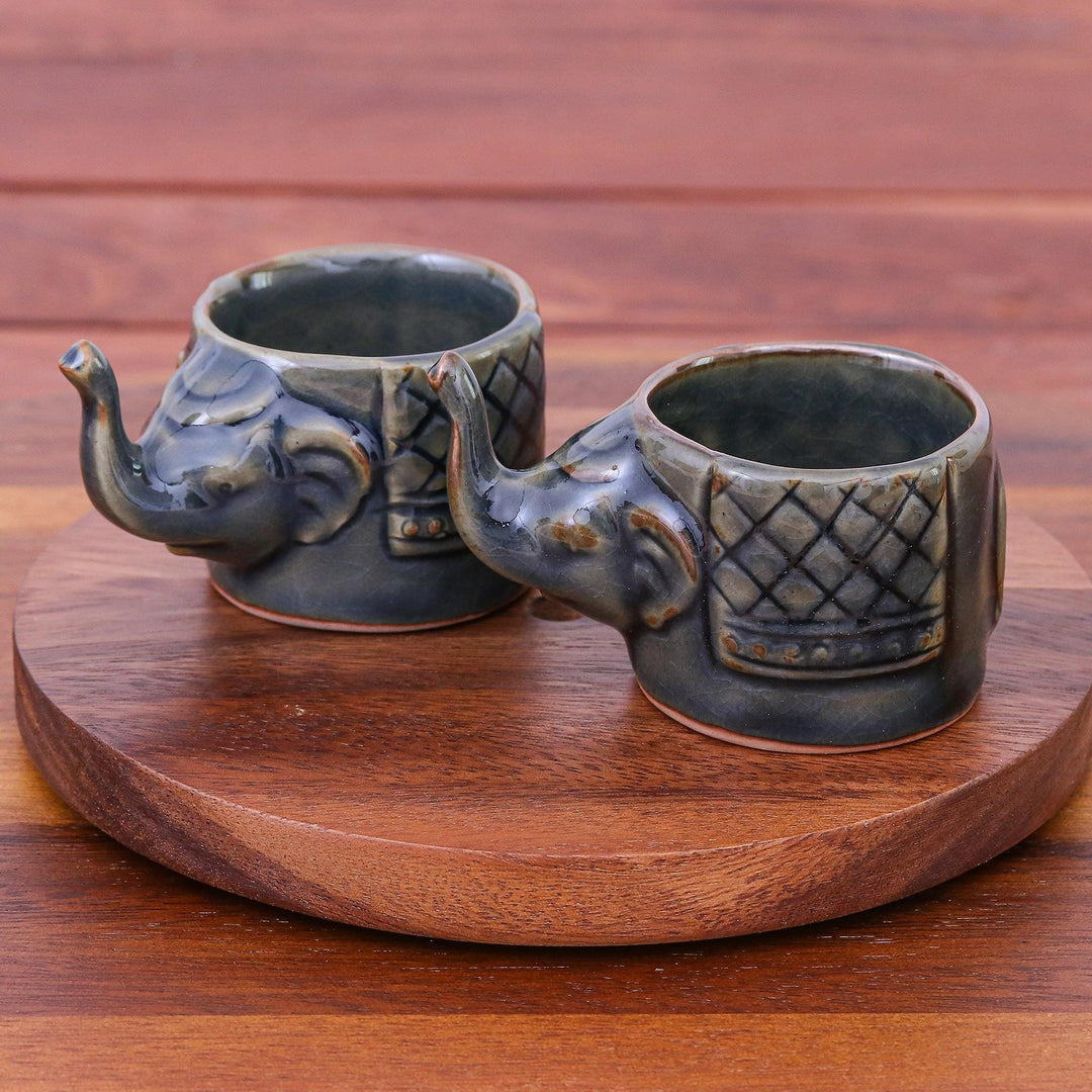 Handmade Brown Celadon Ceramic Elephant Teacups (Pair) - Elephant Essence in Brown