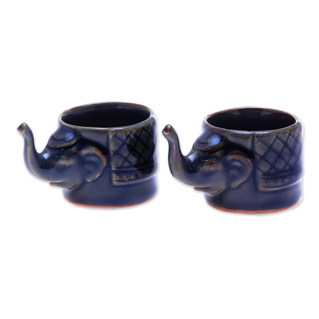 Handmade Brown Celadon Ceramic Elephant Teacups (Pair) - Elephant Essence in Brown