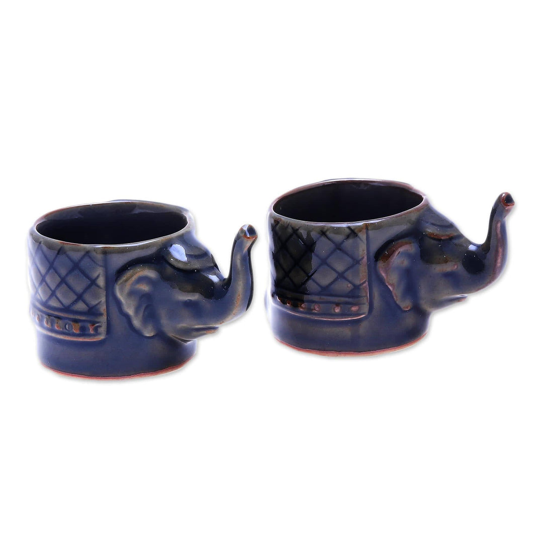 Handmade Brown Celadon Ceramic Elephant Teacups (Pair) - Elephant Essence in Brown