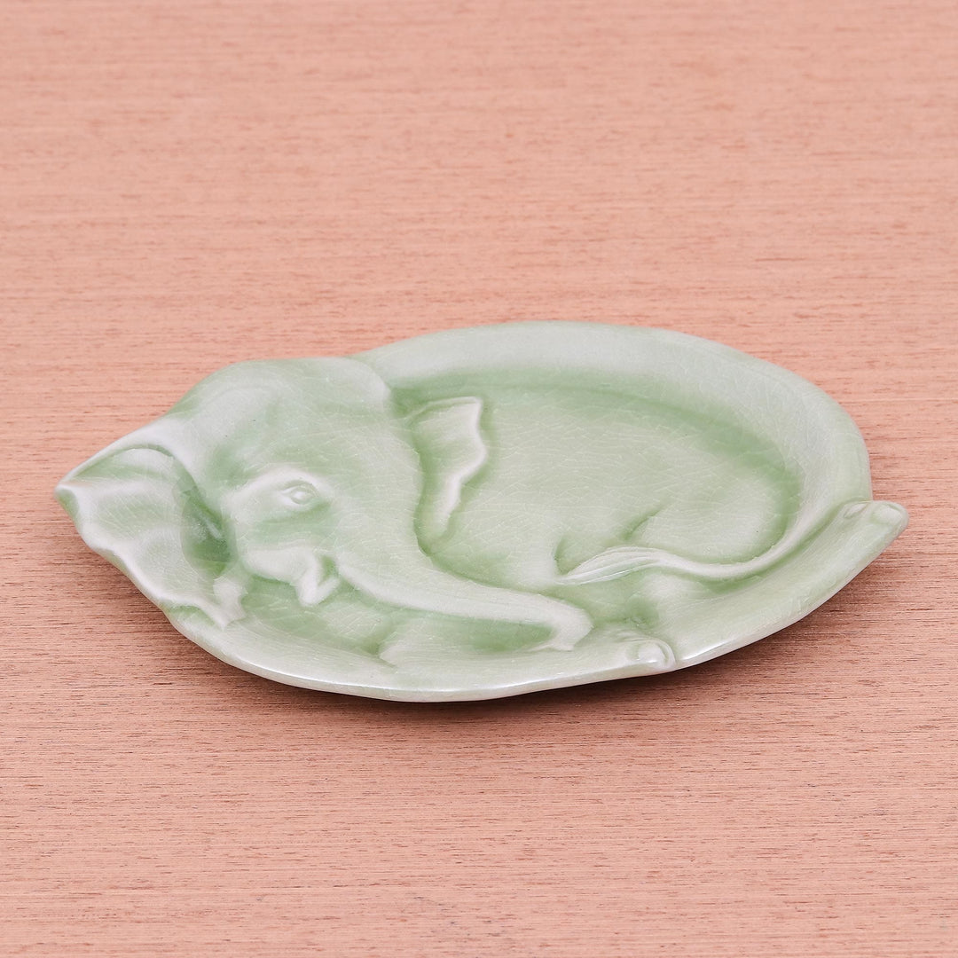 Handmade Elephant Themed Celadon Ceramic Plate - Elephant at Rest in Green