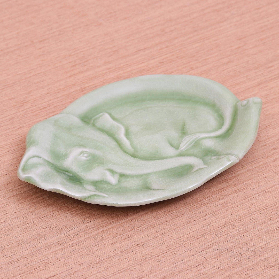 Handmade Elephant Themed Celadon Ceramic Plate - Elephant at Rest in Green
