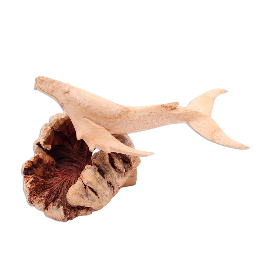 Hand Carved Wood Gray Whale Sculpture from Bali - Elegant Gray Whale