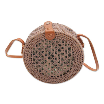 Round Woven Bamboo Shoulder Bag in Brown - Brown Trellis