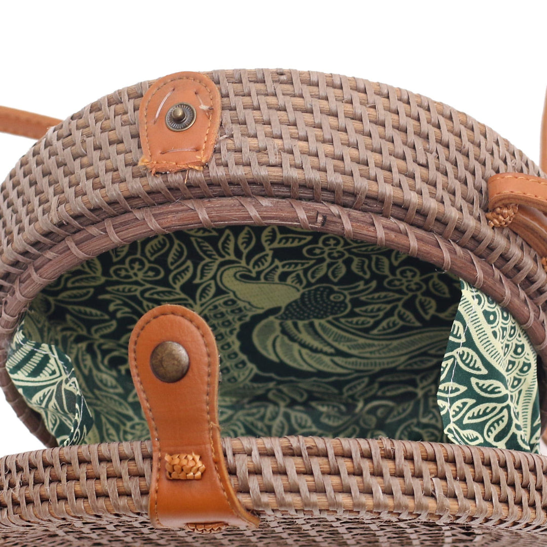 Round Woven Bamboo Shoulder Bag in Brown - Brown Trellis